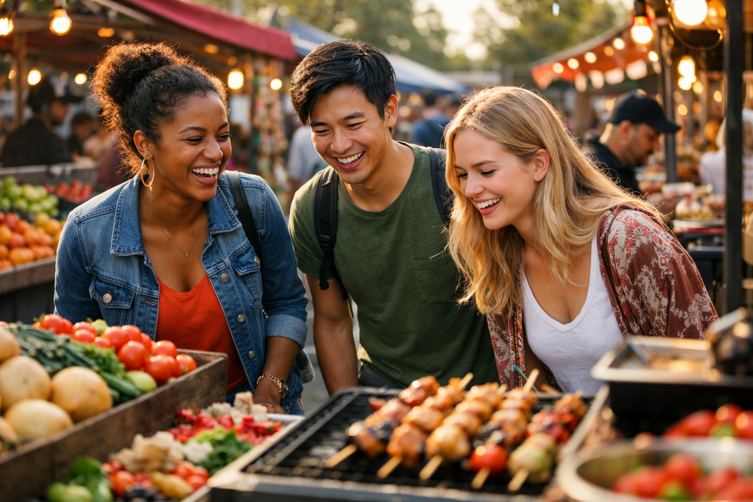 Friends browsing a lively food market together