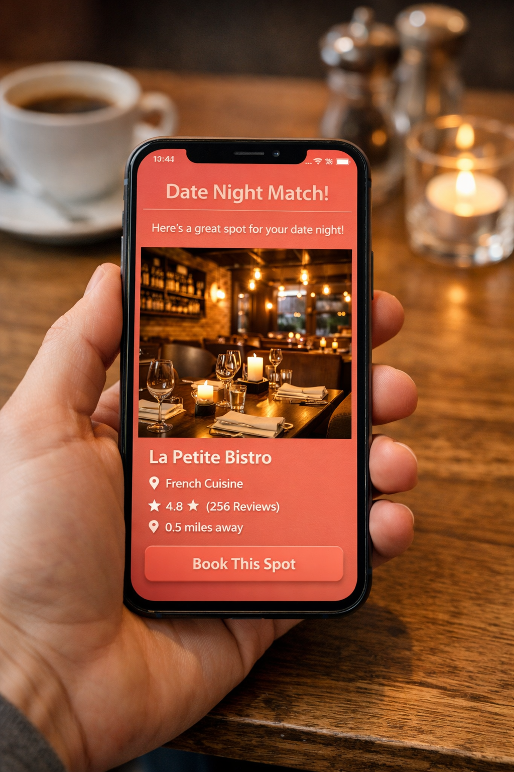 App screen suggesting a first-date restaurant