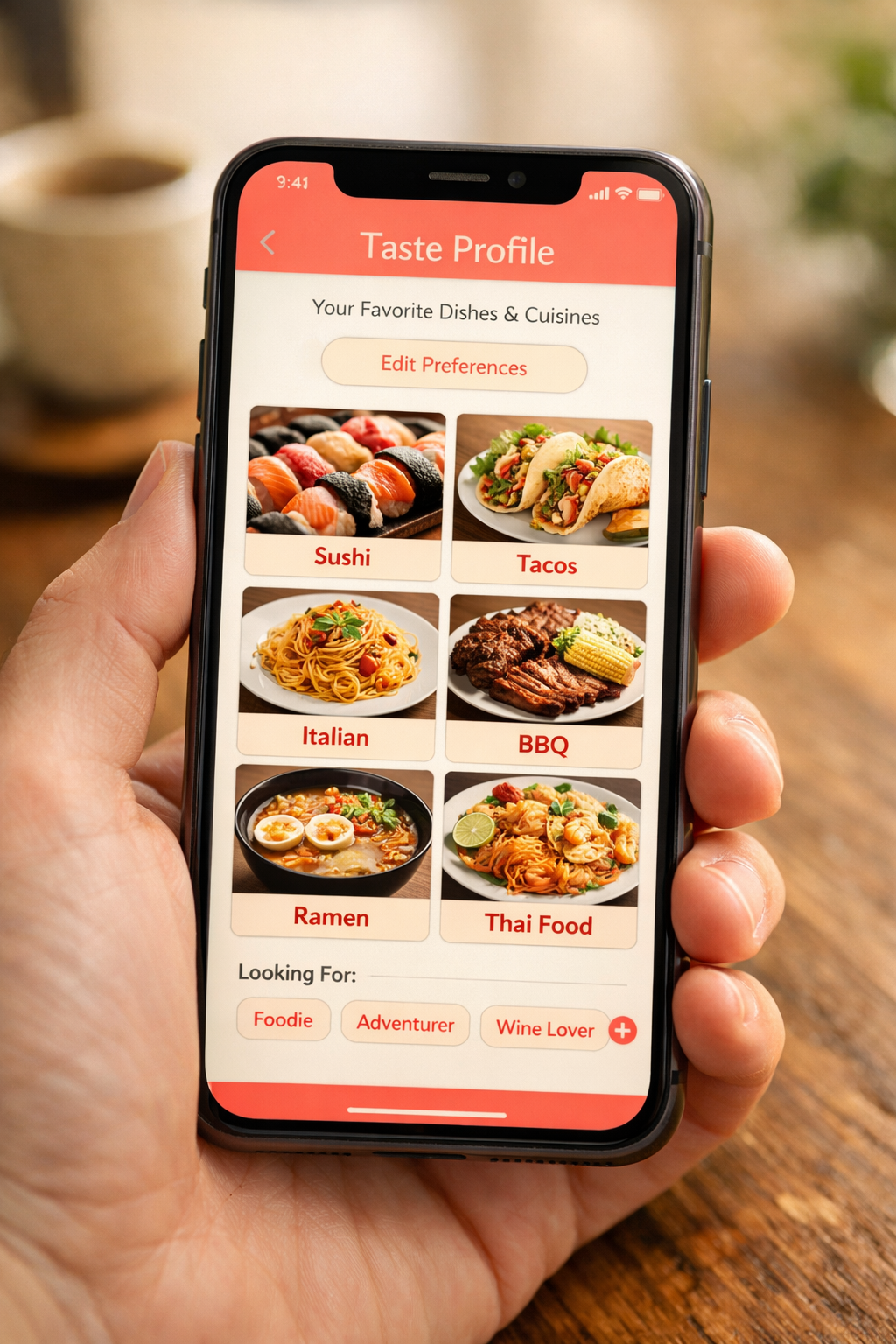 App screen showing a taste profile of favorite dishes