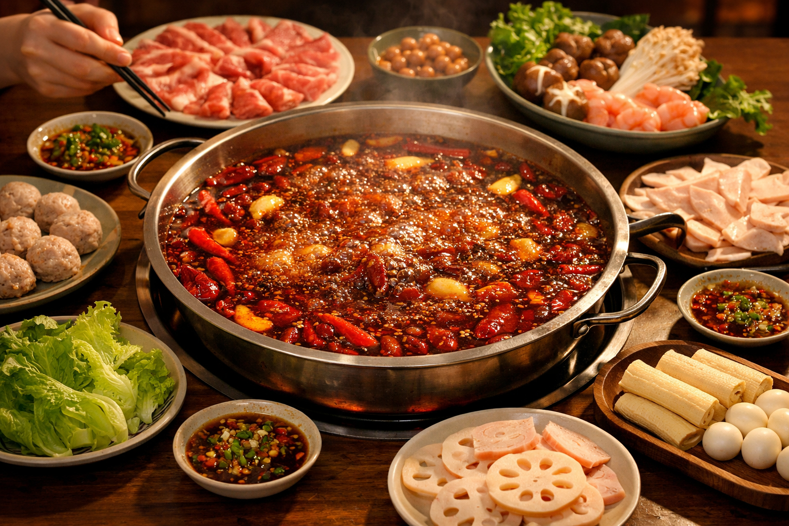 Bubbling spicy hotpot shared over a table