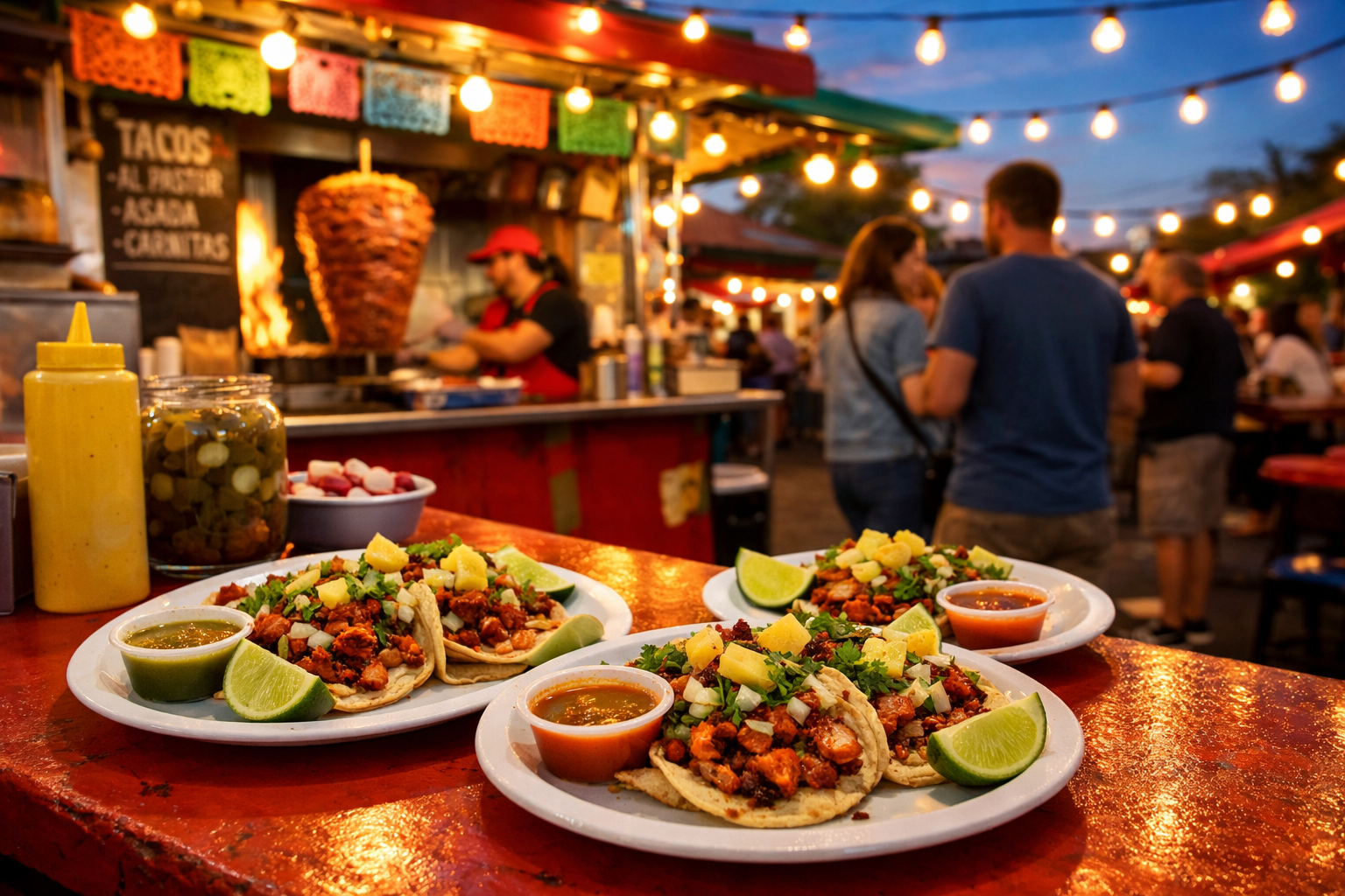 Colorful street taco stand with people