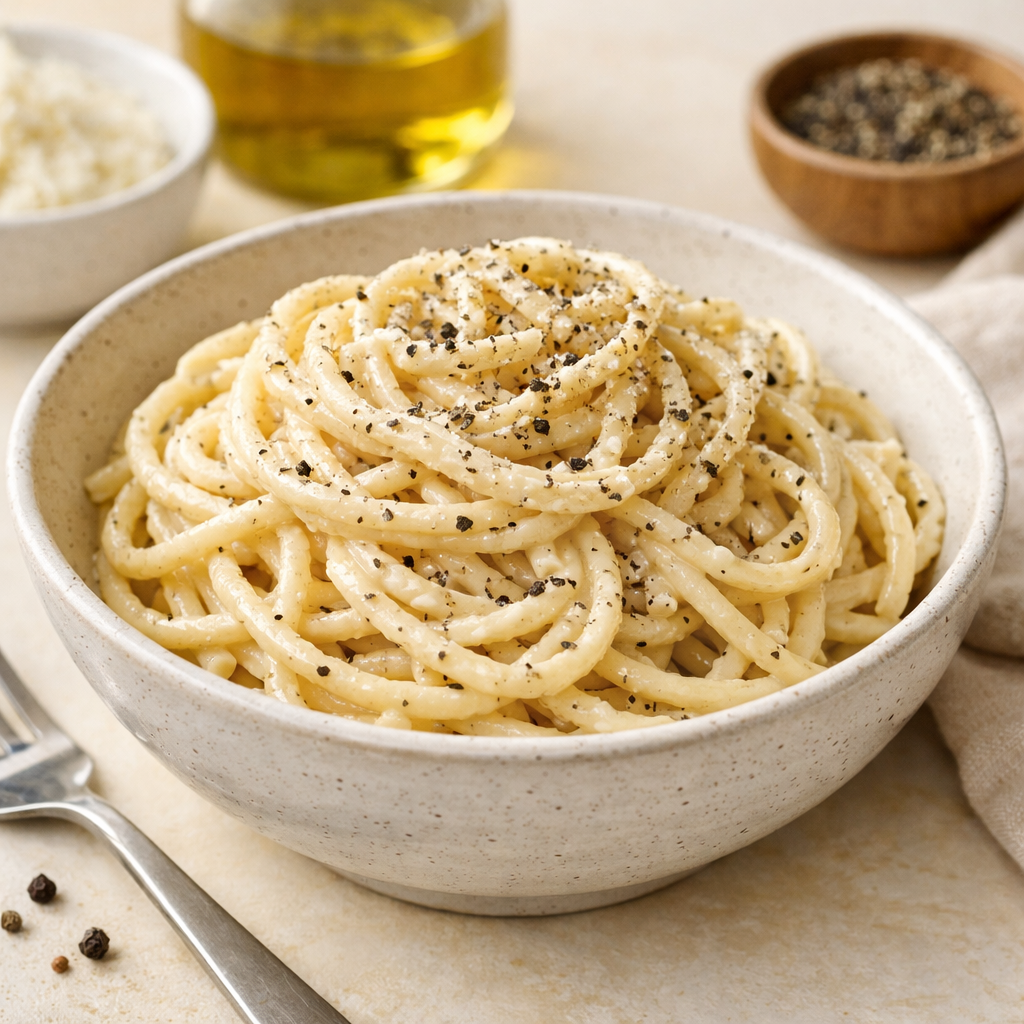 Bowl of handmade cacio e pepe pasta