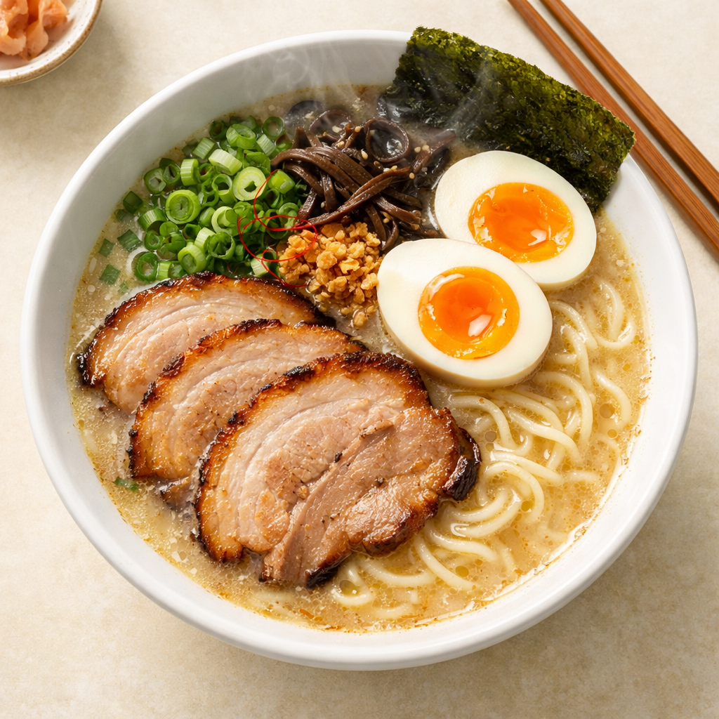 Steaming bowl of tonkotsu ramen