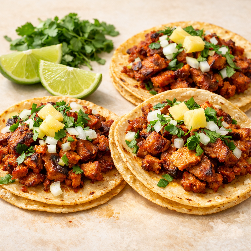 Three street tacos with lime