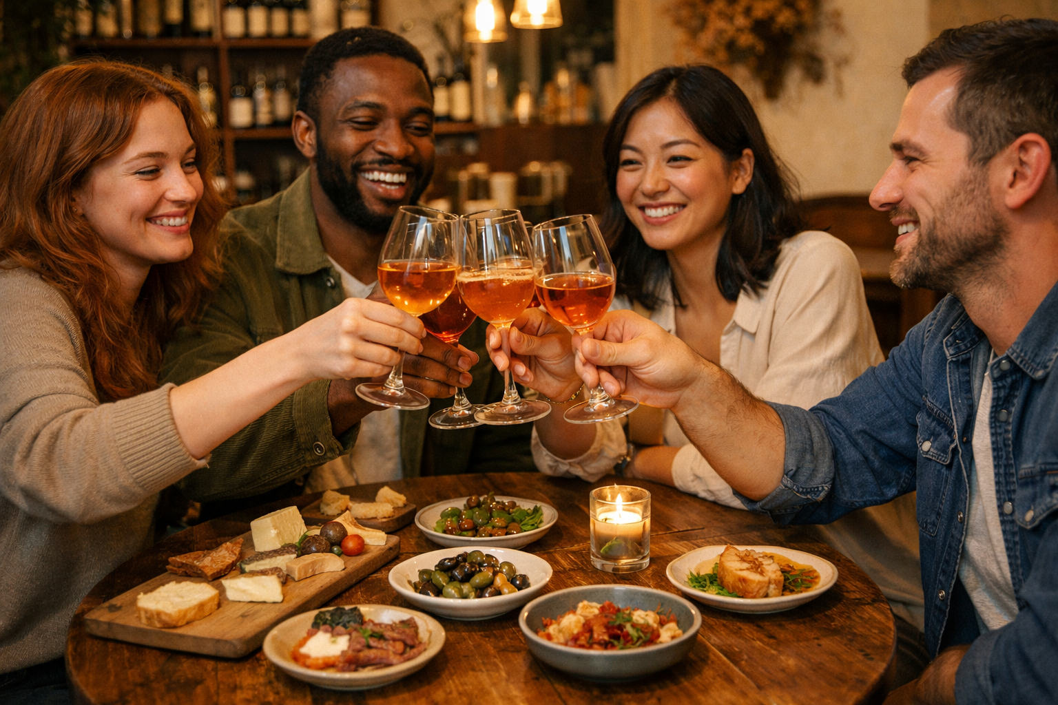 Friends toasting glasses at a cozy wine bar