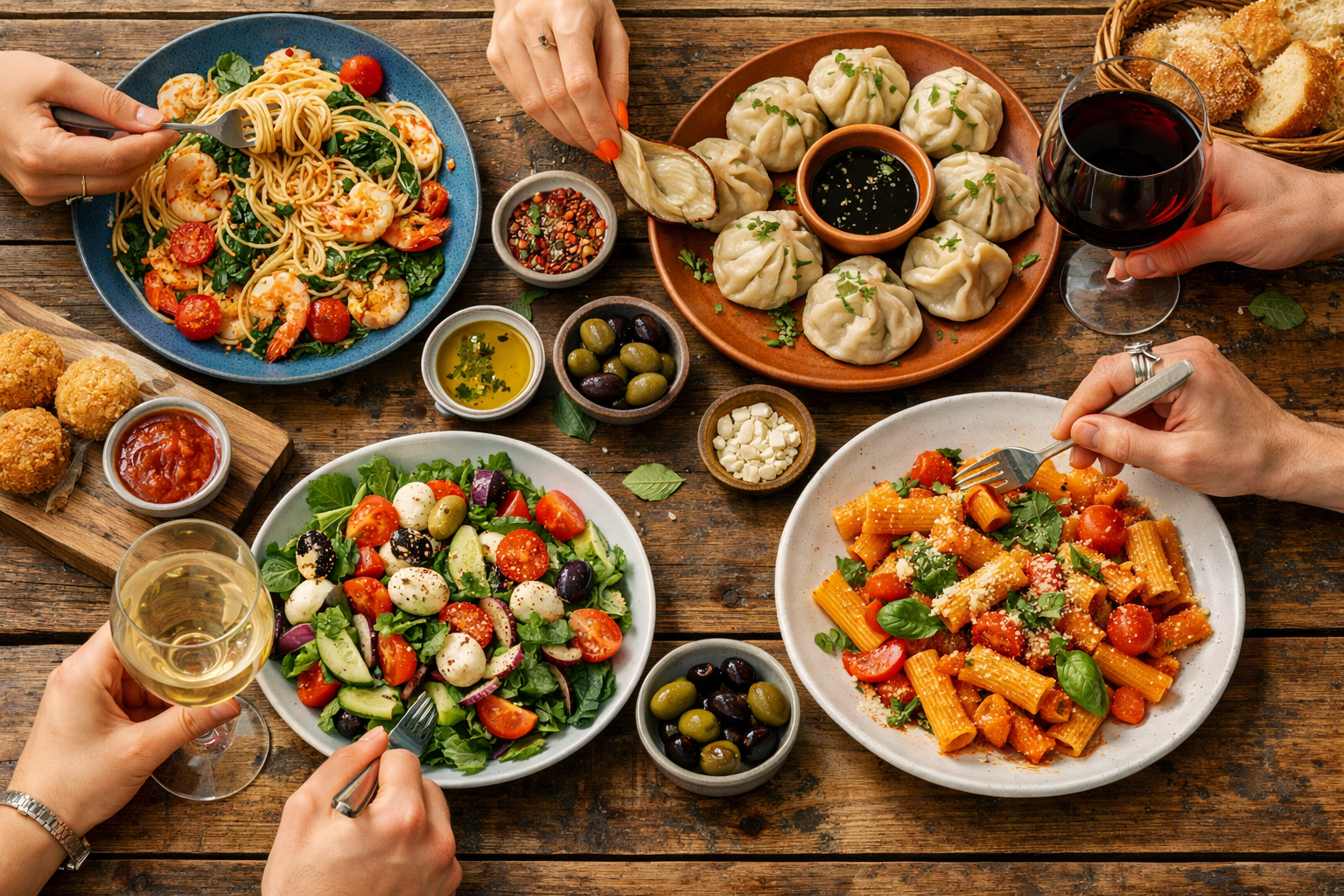 Colorful flat-lay of shared dishes on a table