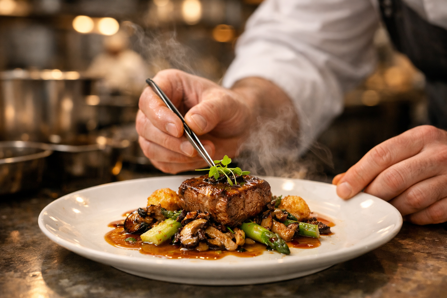 Chef plating a signature dish in a busy kitchen